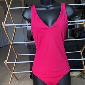 Express Ribbed Pink V-Neck Bodysuit for work or going out